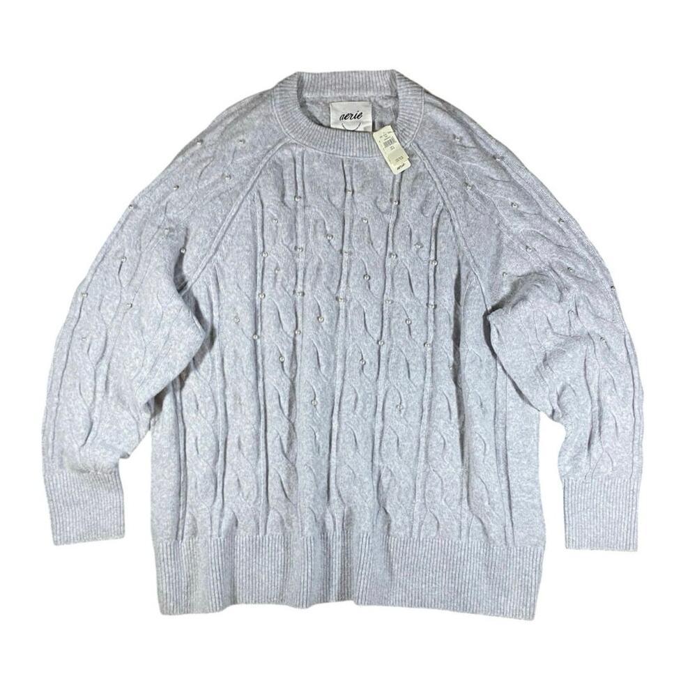 Aerie Oversized Pearl Beaded Cable Knit Sweater NWT - L